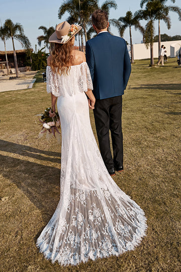 Sirena Marfil Fuera del Hombro Encaje Boho Vestido de Novia